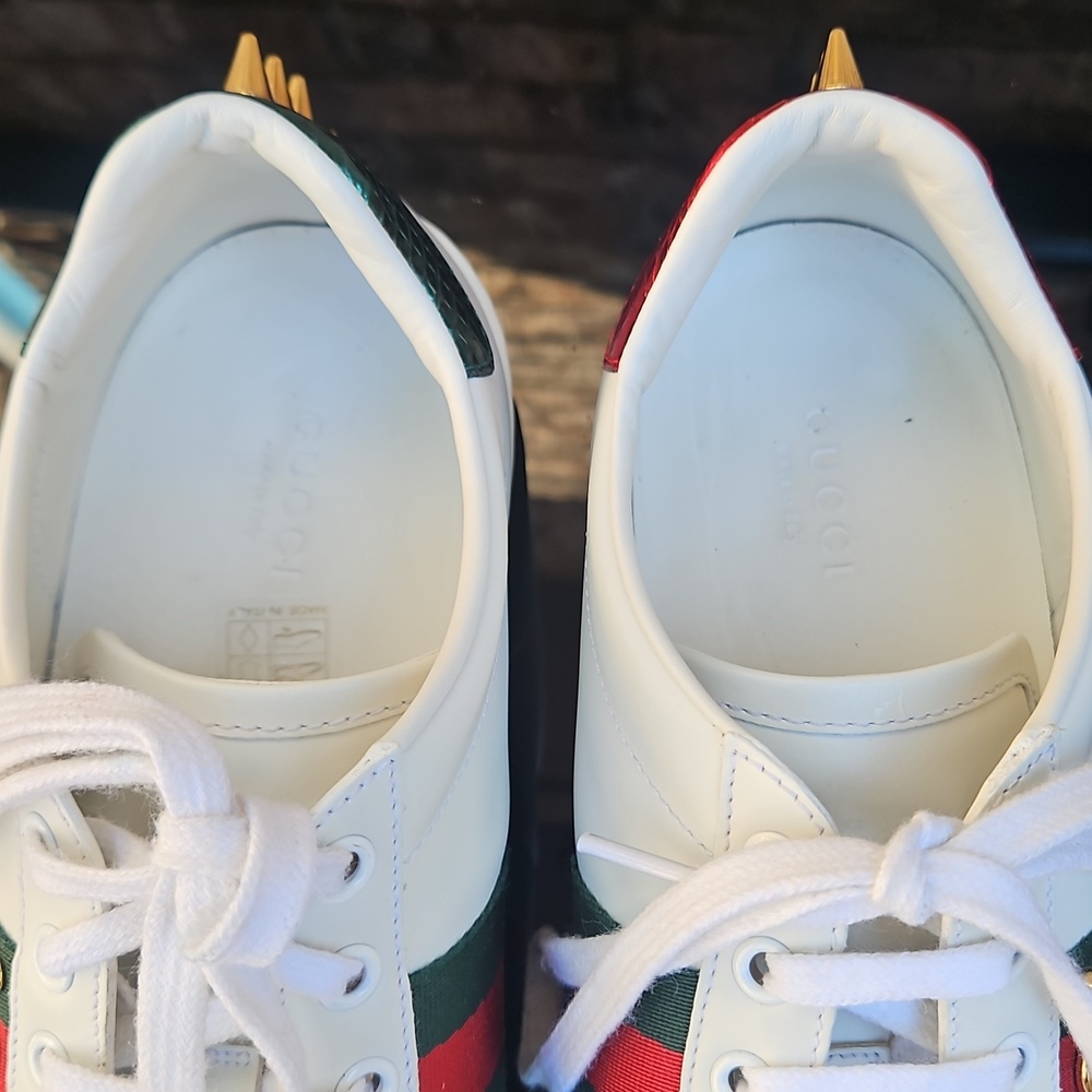 Gucci Ace White Calfskin Pearl & Spike Sneakers Sz. 38 1/2 - Picture 6 of 12